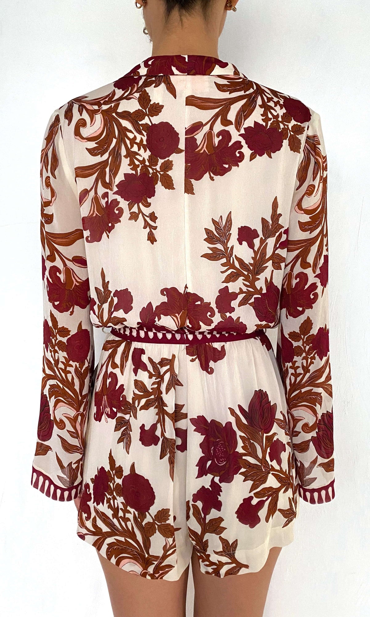 Womens | Maia Viscose Crinkle Chiffon Romper | Ivory Burgundy