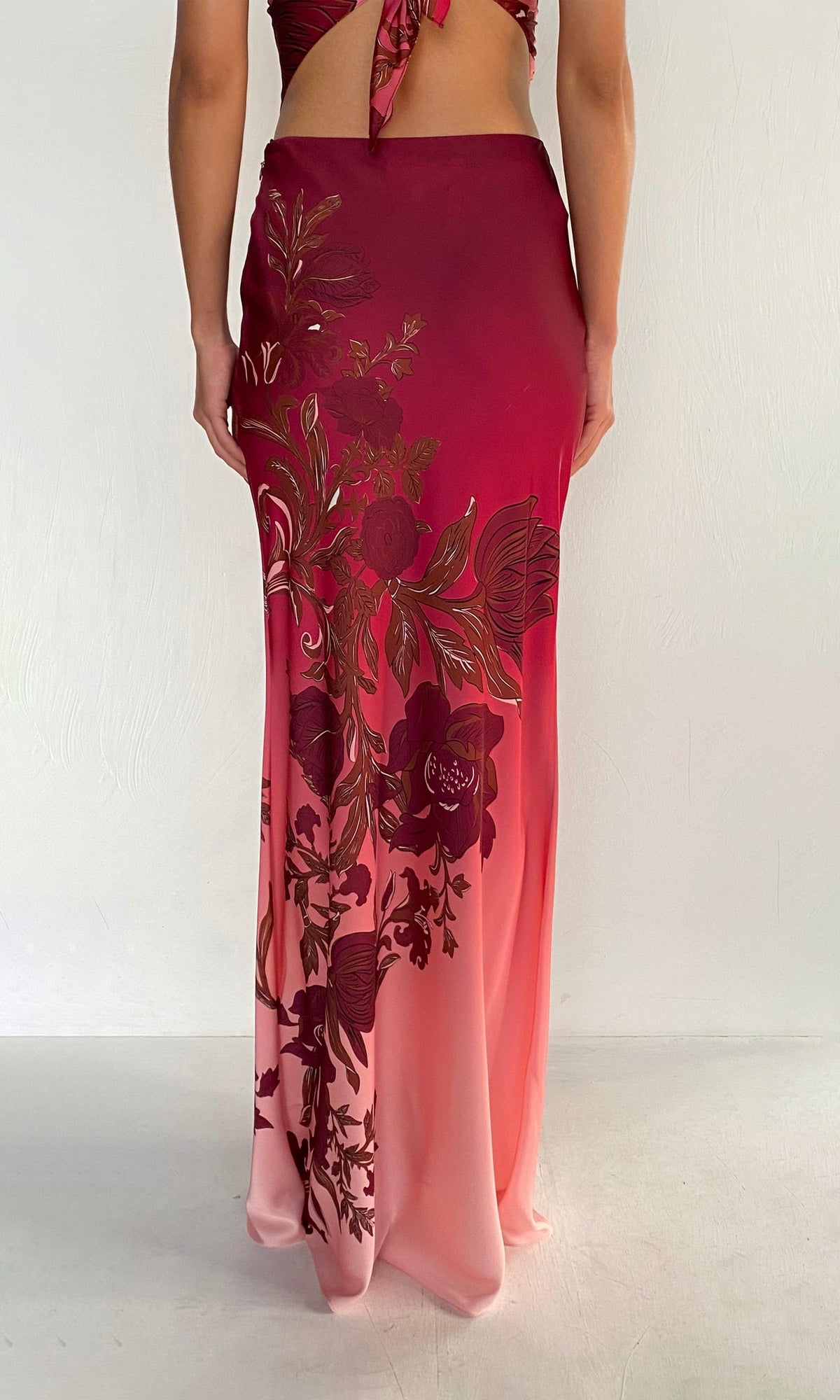 Womens | Maia Polyester Satin Lycra Maxi Skirt | Ivory Burgundy