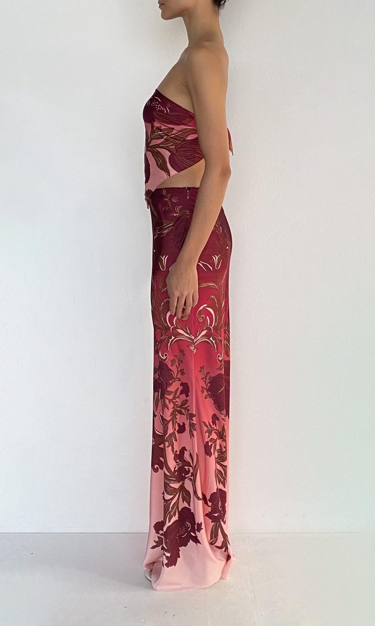 Womens | Maia Polyester Satin Lycra Maxi Skirt | Ivory Burgundy