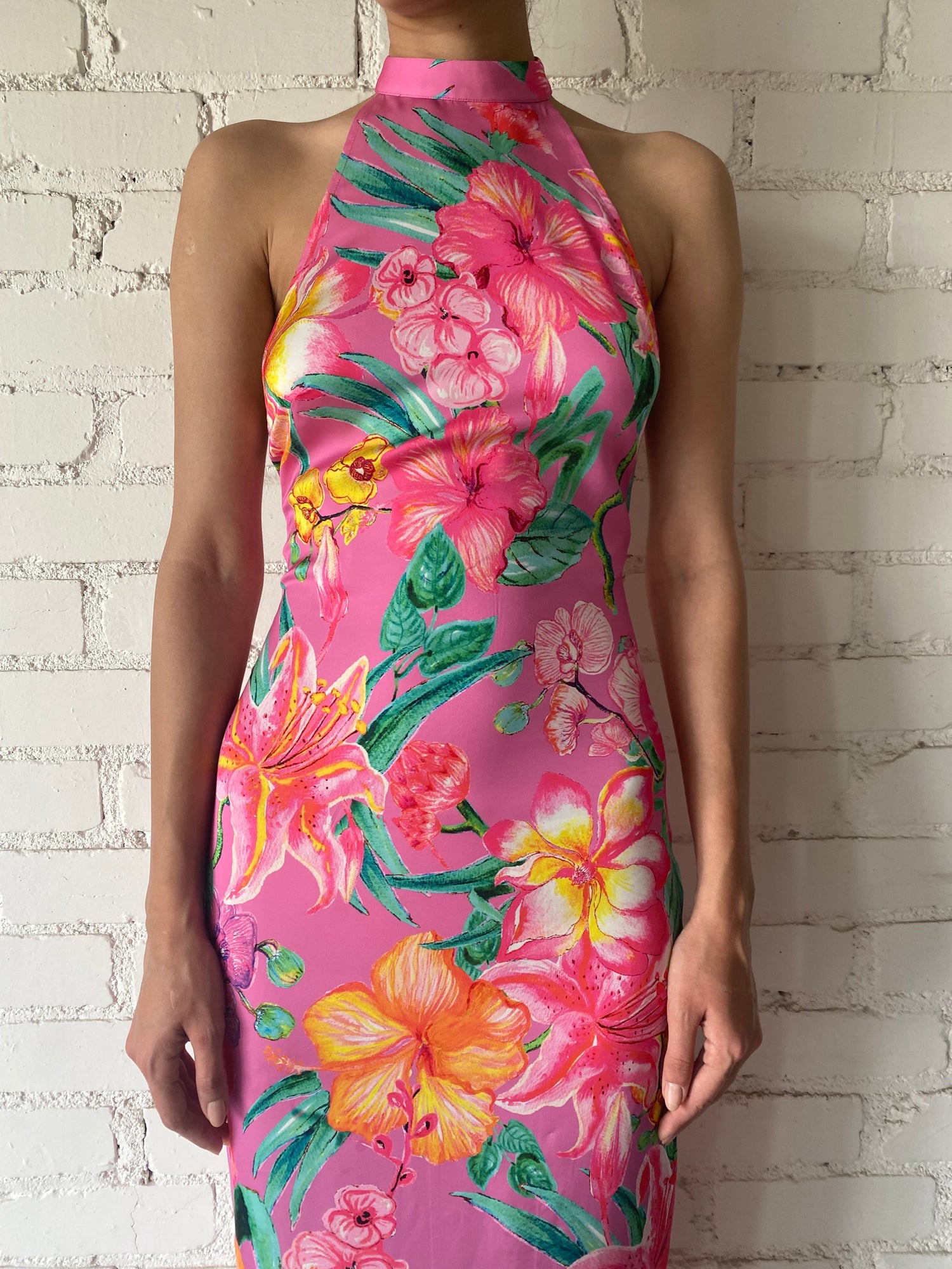 Halterneck Viscose Long Dress | Pink/Multi