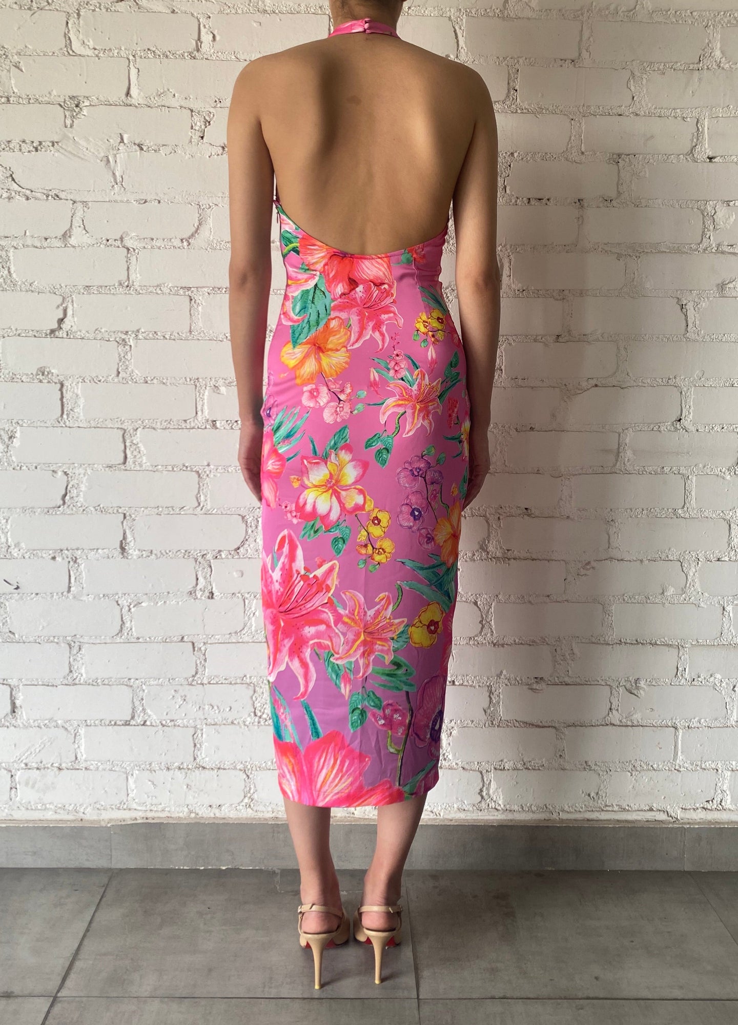 Halterneck Viscose Long Dress | Pink/Multi