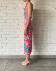 Halterneck Viscose Long Dress | Pink/Multi