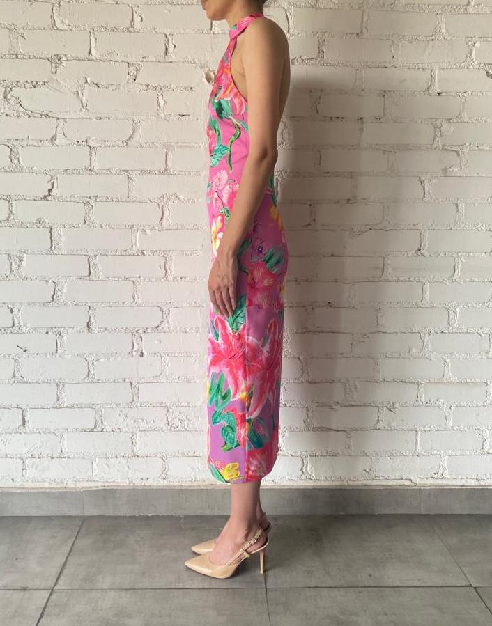 Halterneck Viscose Long Dress | Pink/Multi