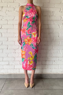 Halterneck Viscose Long Dress | Pink/Multi