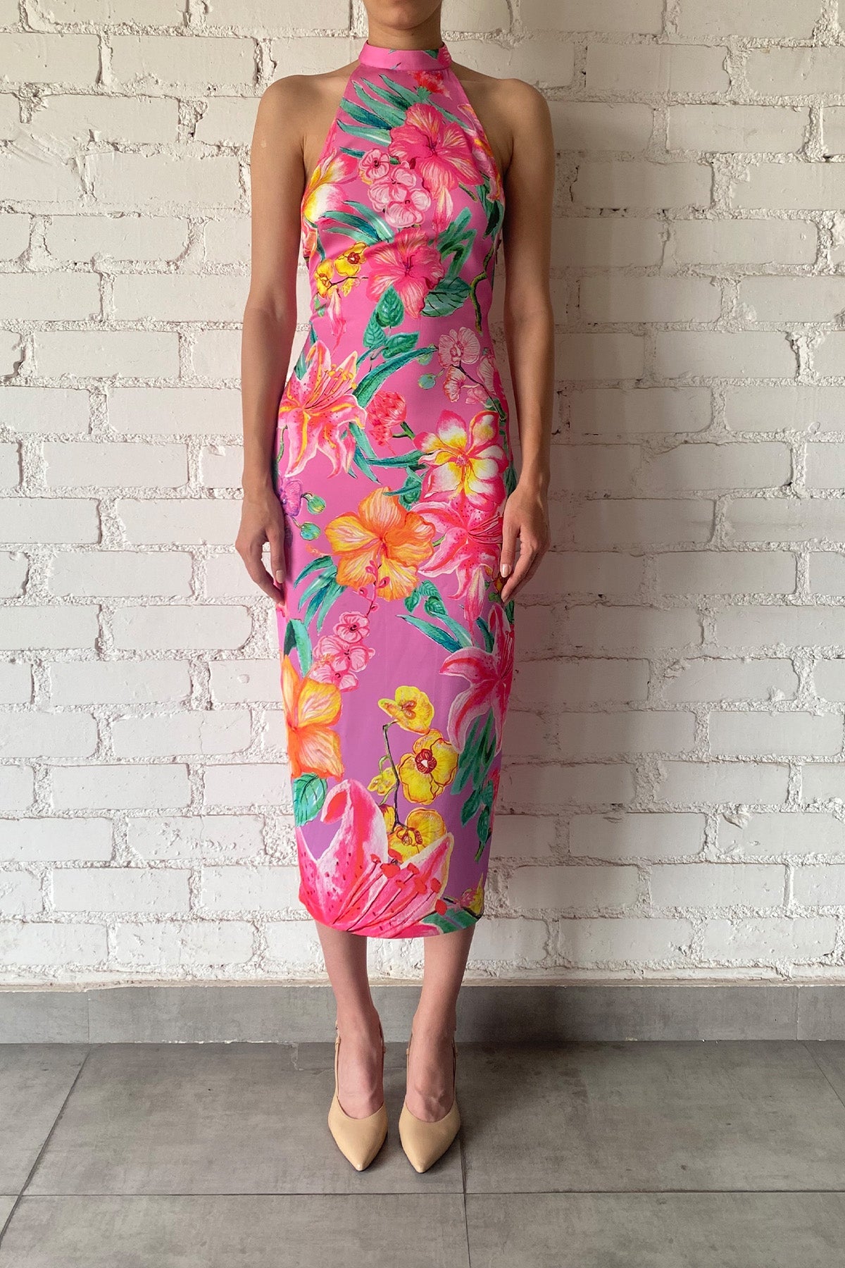 Halterneck Viscose Long Dress | Pink/Multi