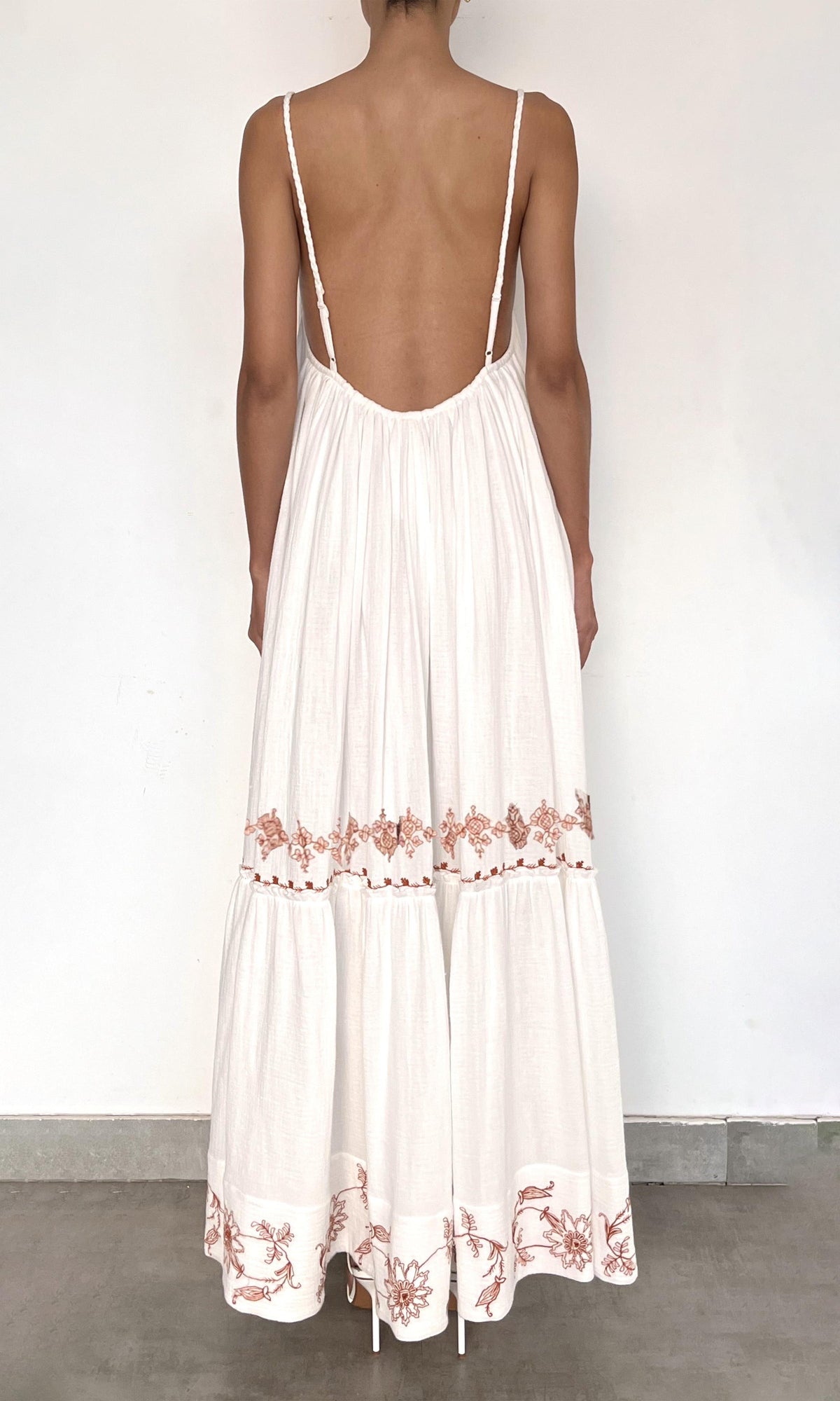 Rococo Sand | Myril Cotton Double Cloth Gauze Embroidered Tier Scoopneck Maxi Dress | White Terracotta