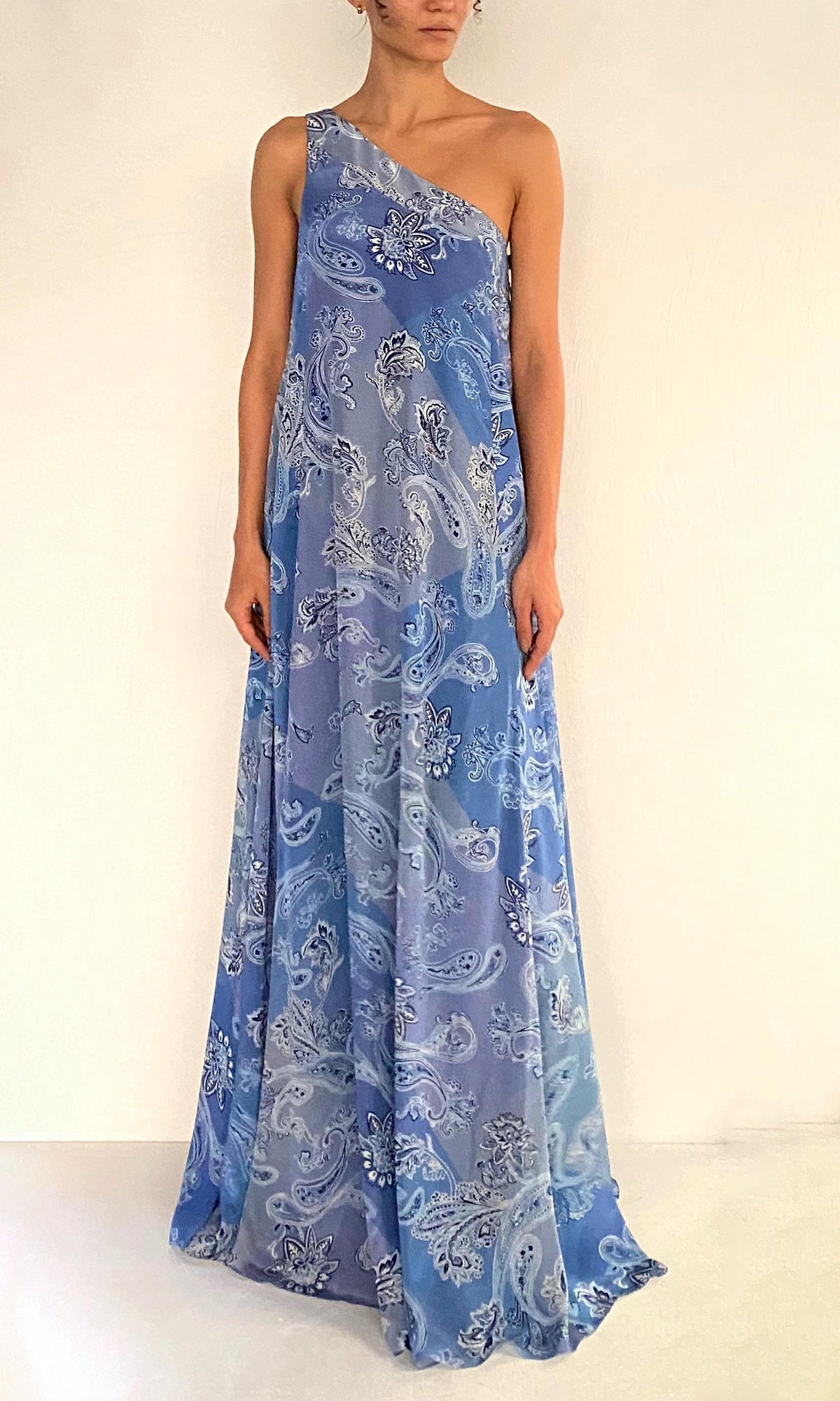 Womens | Navy Viscose Natural Crepe One Shoulder Maxi Dress | Light Blue