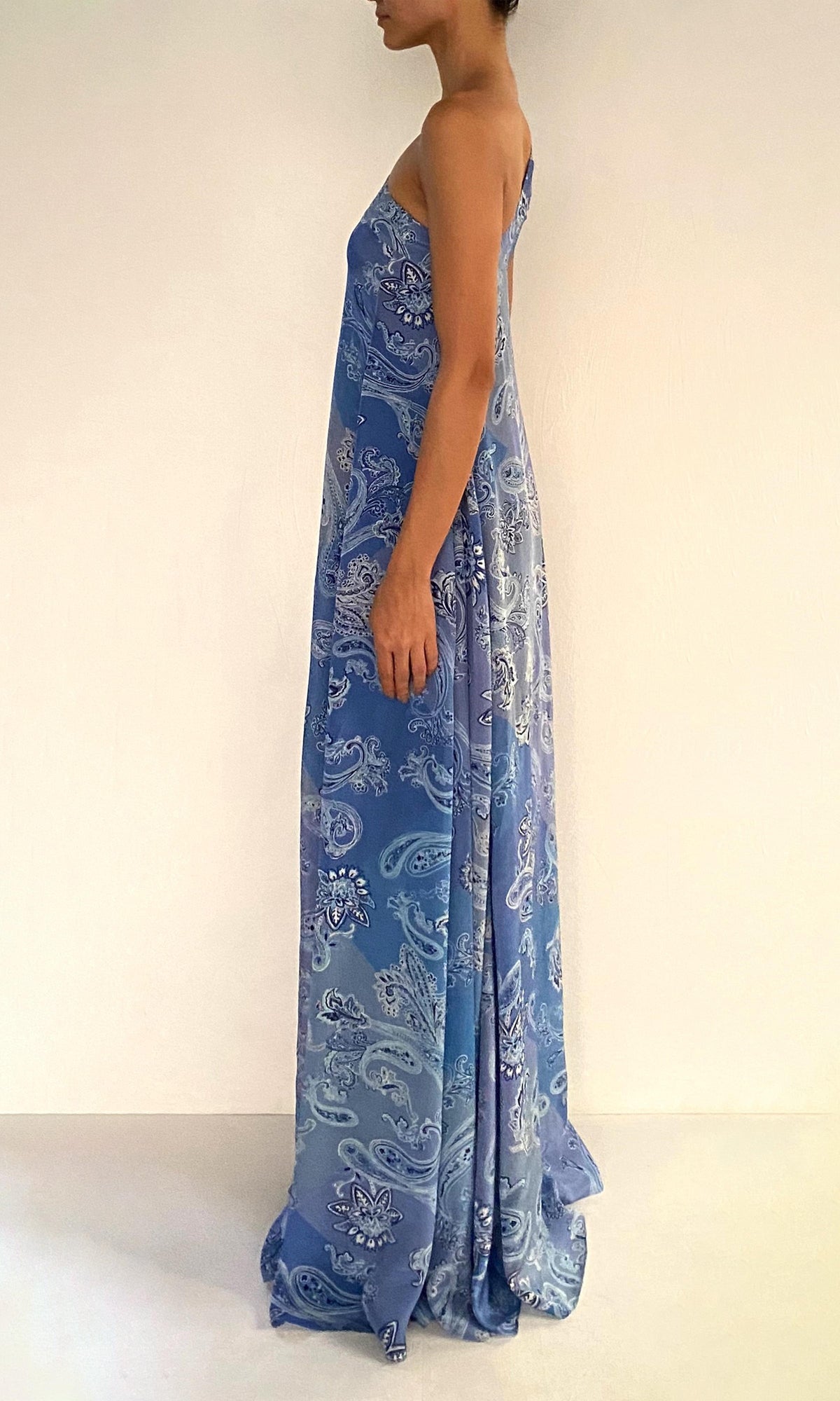 Womens | Navy Viscose Natural Crepe One Shoulder Maxi Dress | Light Blue