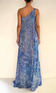 Womens | Navy Viscose Natural Crepe One Shoulder Maxi Dress | Light Blue