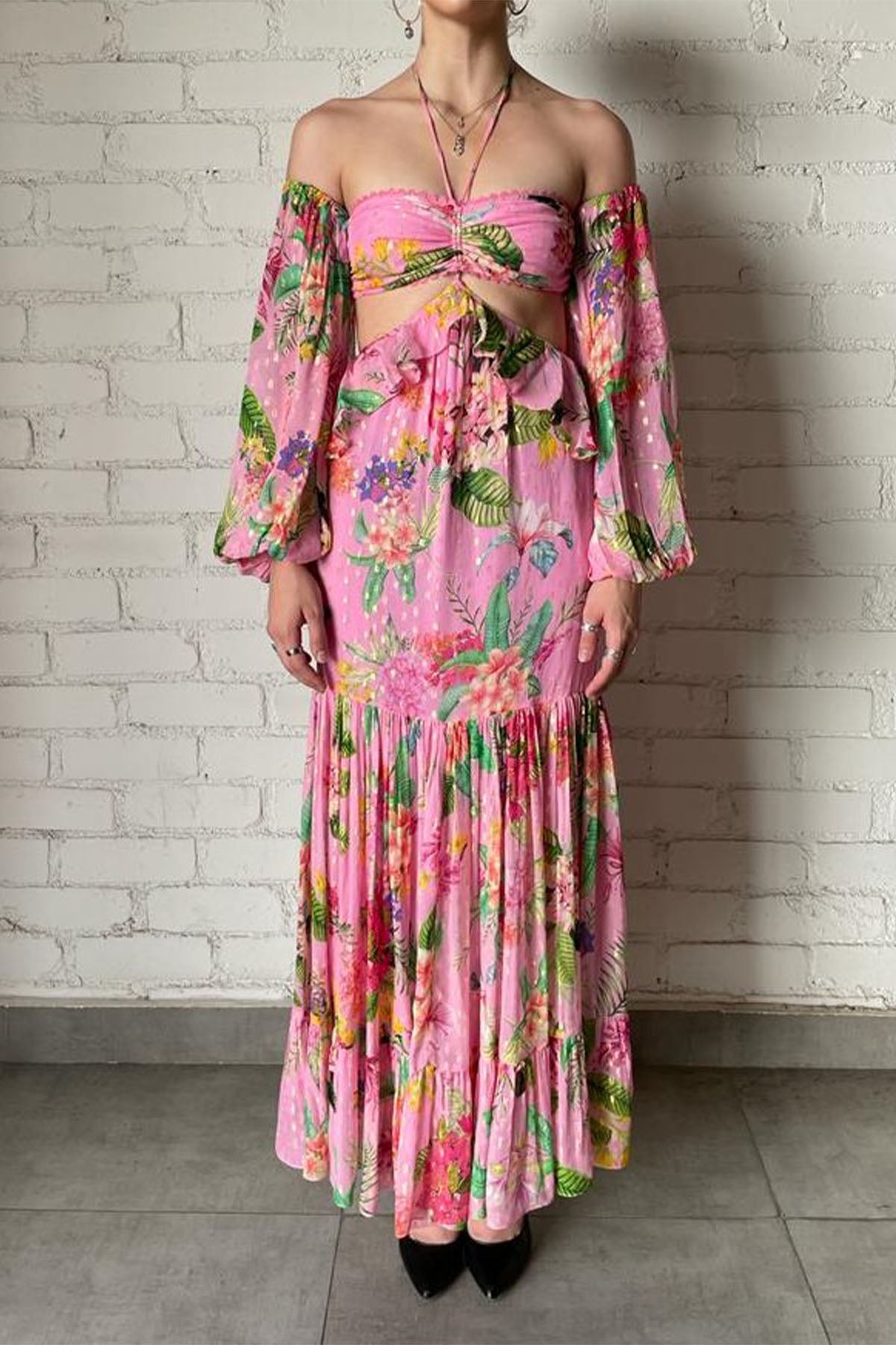 Off-The-Shoulder Viscose Long Dress | Pink/Multi