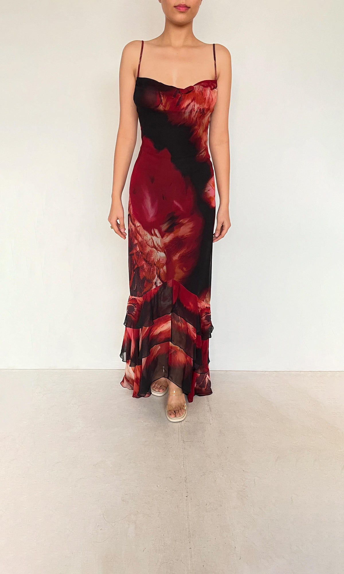 Womens | Shia Viscose Crinkle Chiffon High Low Maxi Dress | Black Pink Multi