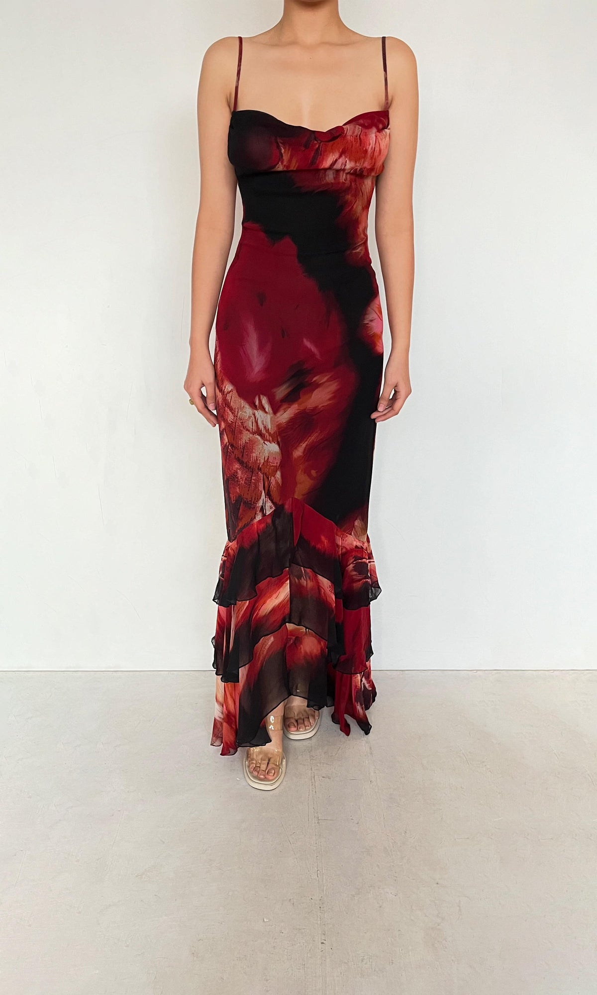 Womens | Shia Viscose Crinkle Chiffon High Low Maxi Dress | Black Pink Multi