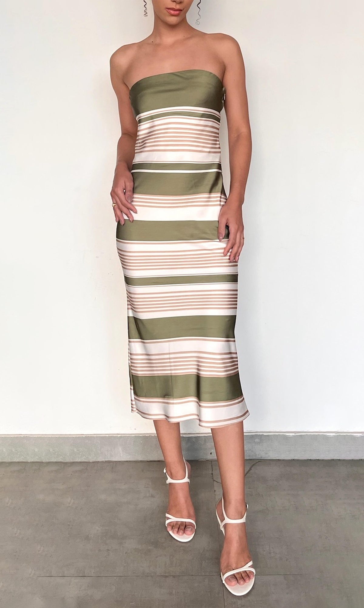 Womens | Taio Polyester Double Satin Strapless Midi Dress | Off-White Green