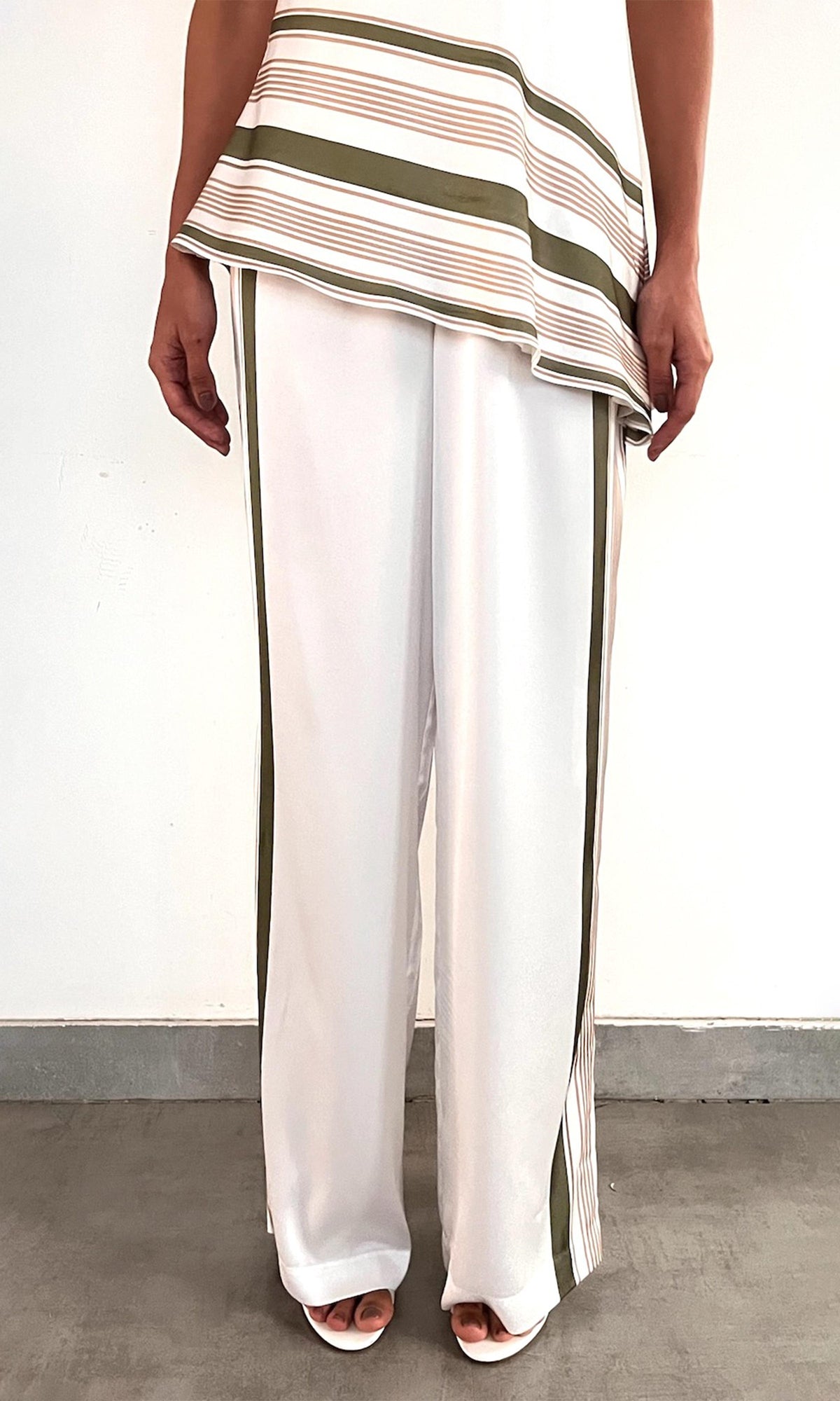 Womens | Taio Polyester Satin Lycra Elasticated Pyjama Pants | Off-White Green