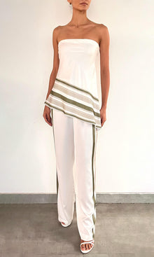 Womens | Taio Polyester Satin Lycra Elasticated Pyjama Pants | Off-White Green
