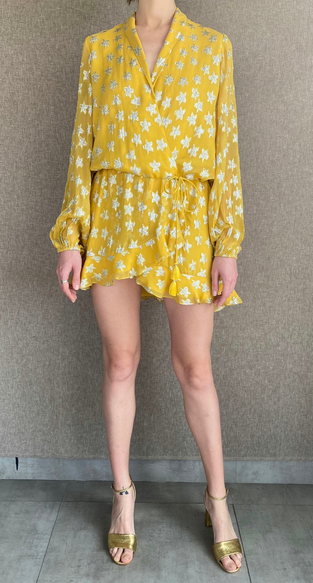 V-Neck Wrap-Style Short Dress | Yellow