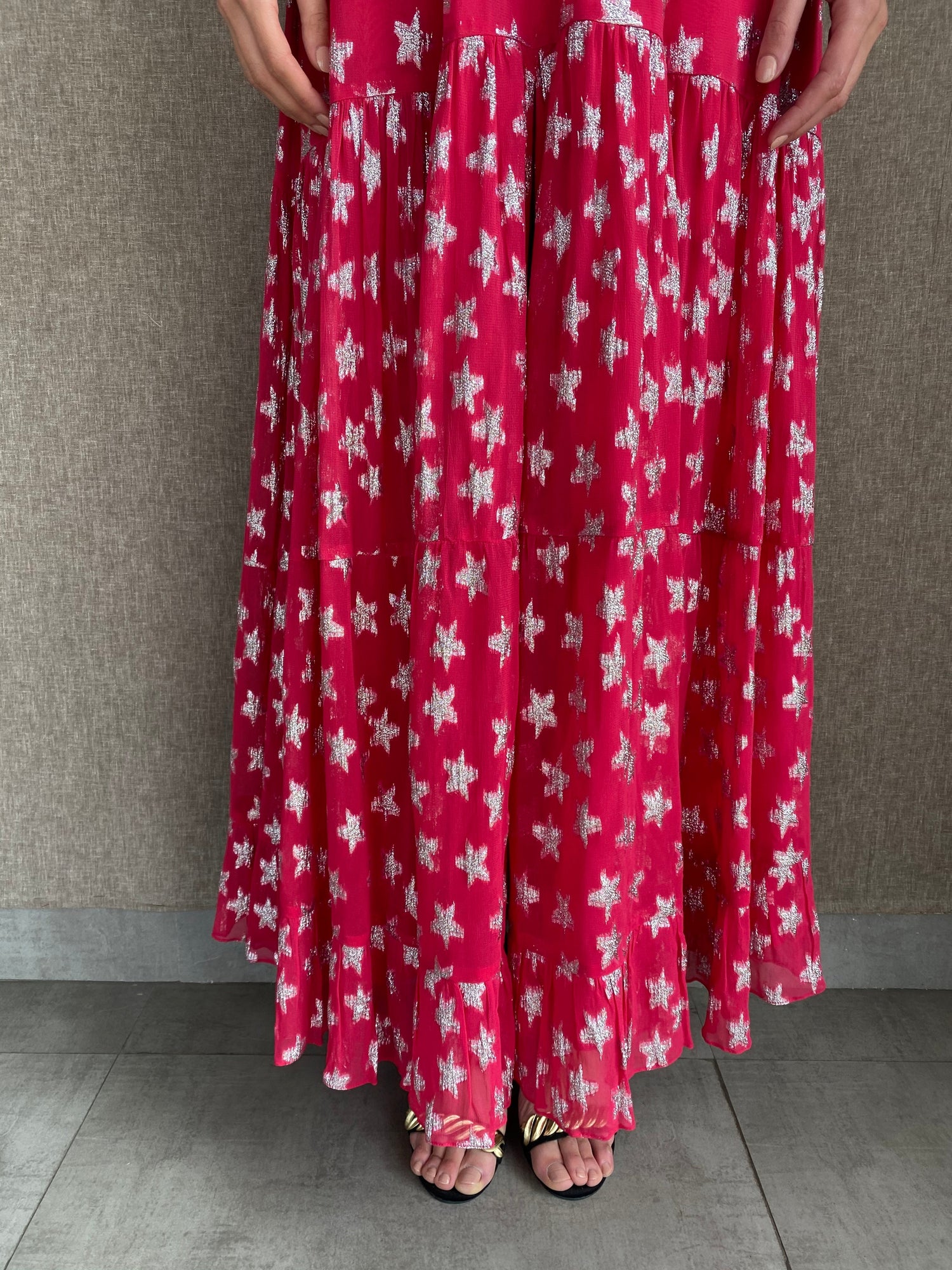 Silver Star Lurex Georgette Long Dress | Pink