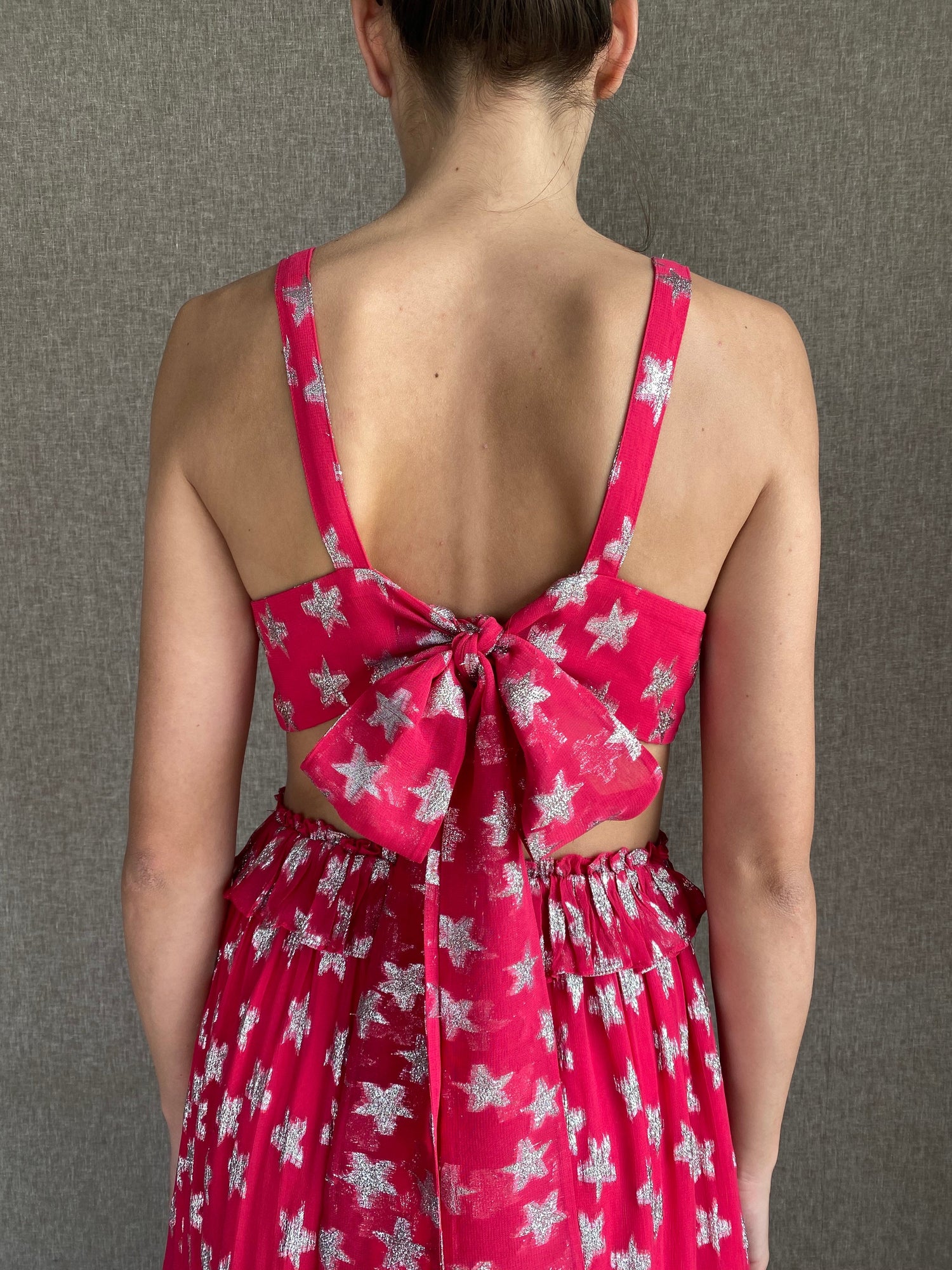 Silver Star Lurex Georgette Long Dress | Pink