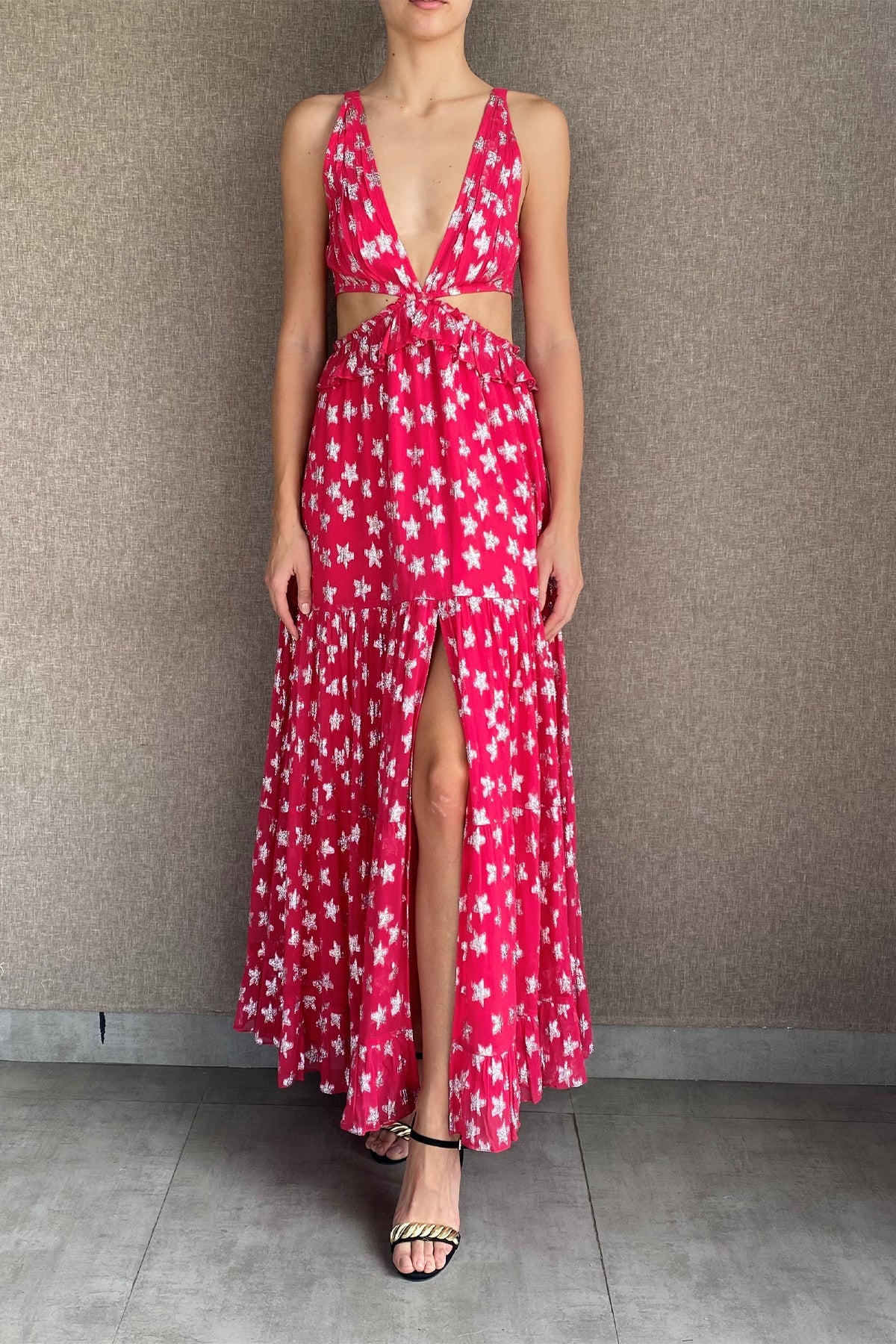 Silver Star Lurex Georgette Long Dress | Pink