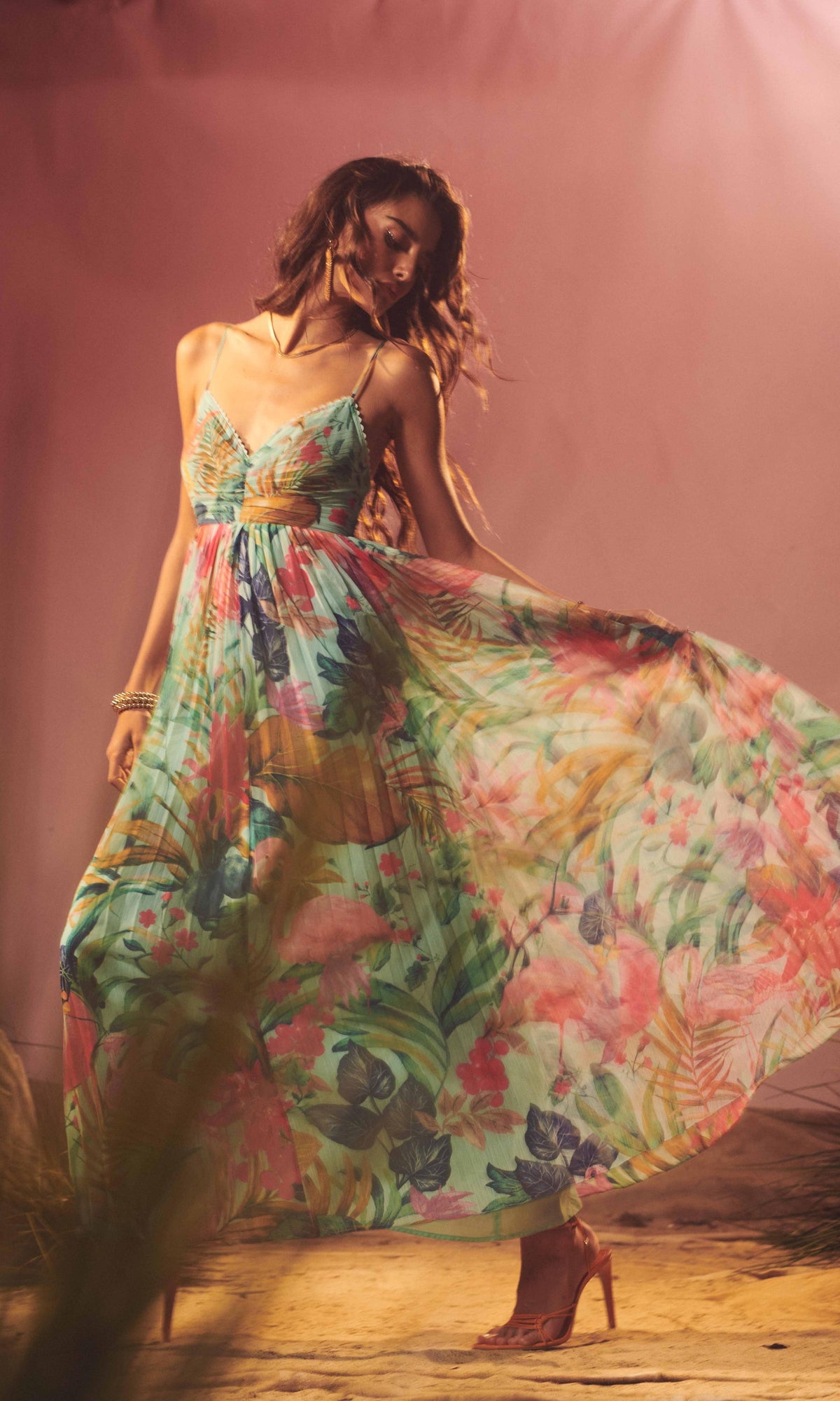 Rococo Sand | Zazu Chiffon Long Dress | Motley Tropical On Mint Green