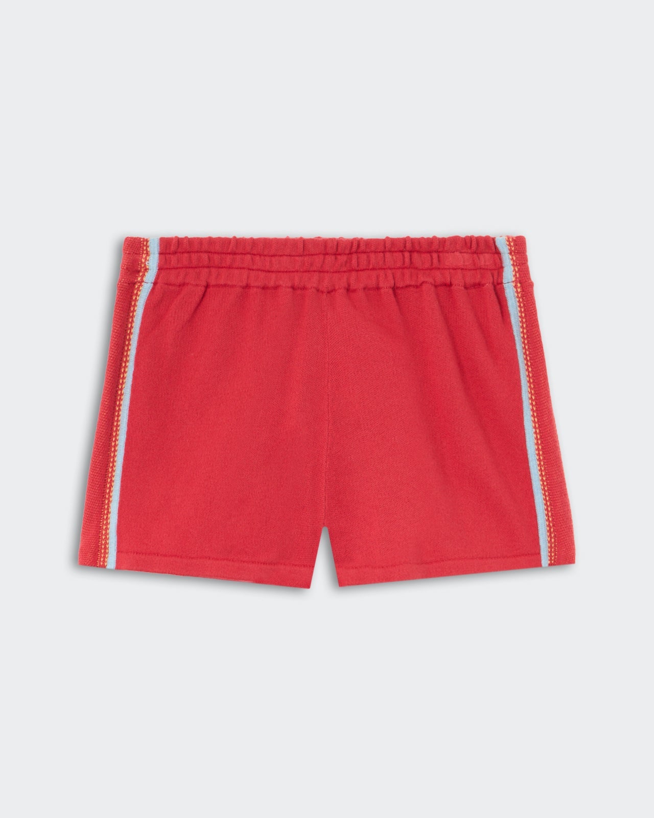 Runner Short - Scarlet, bright red casual shorts featuring light blue and orange side stripes, an elastic waistband for a secure fit, and a straight-leg silhouette for comfort and ease.