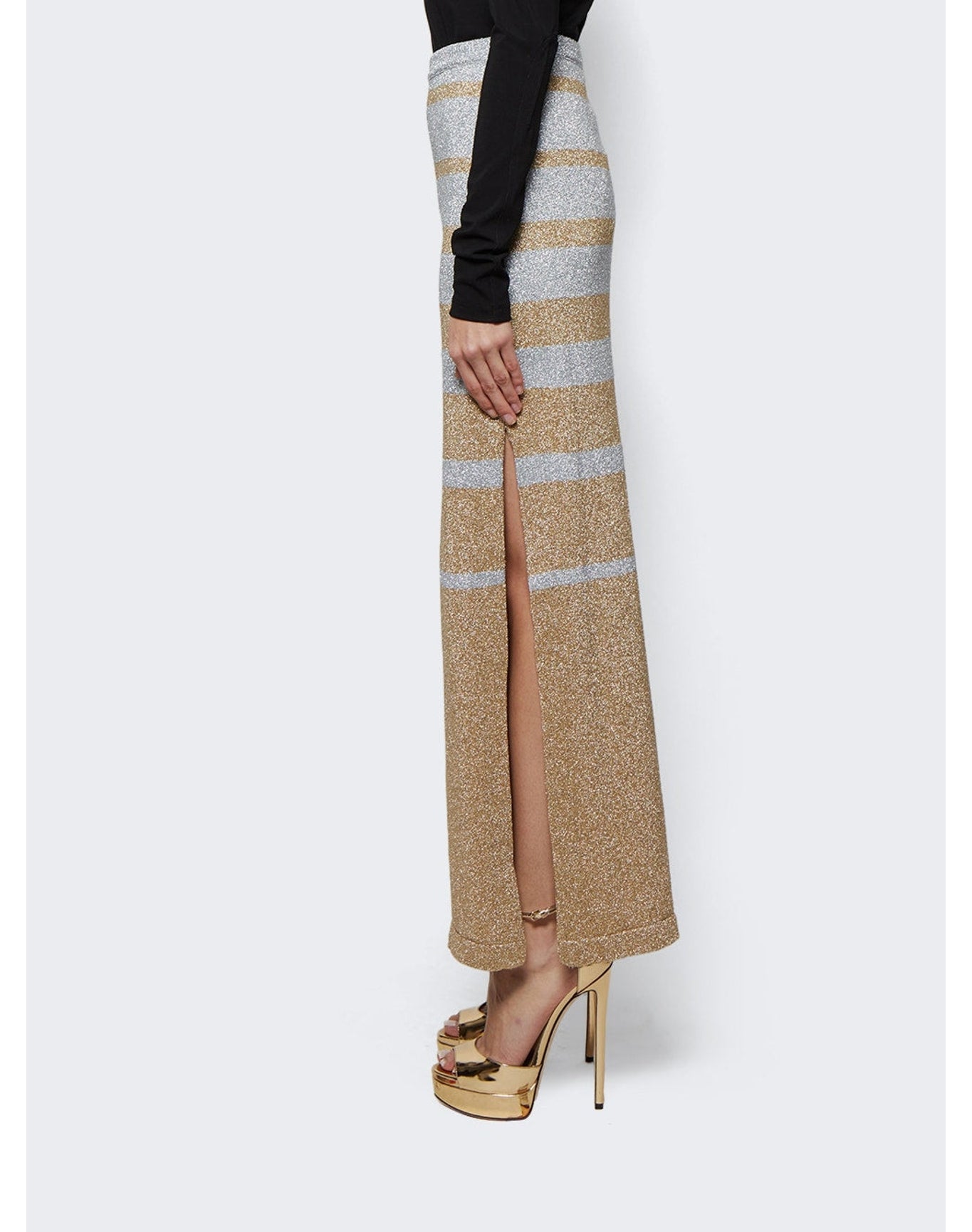 Rabanne | Women | Metallic Stripe Maxi Skirt | Gold x Silver