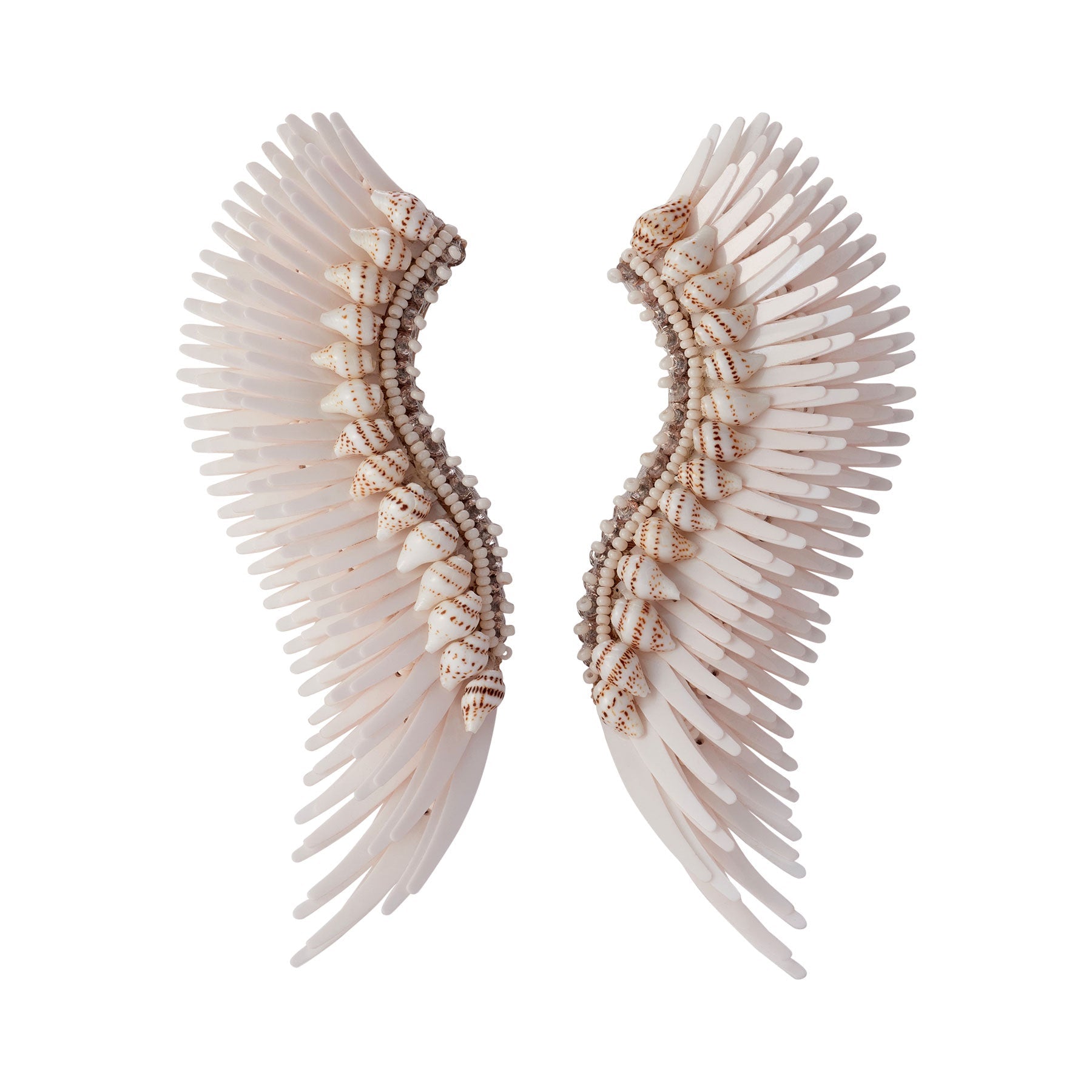Cream Sequin, Bead, and Shell Wing Statement Madeline Earrings on Flat White Background