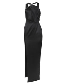 Rasario | Women | Draped Satin Asymmetric Cut-out Gown With Ring | Black