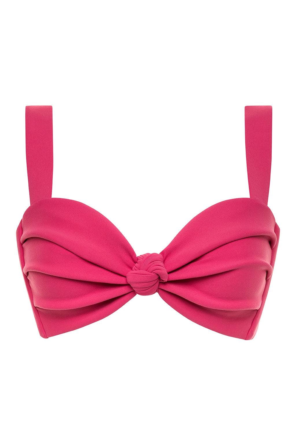 Raspberry pink bikini top with bow knot center detail and adjustable shoulder straps.