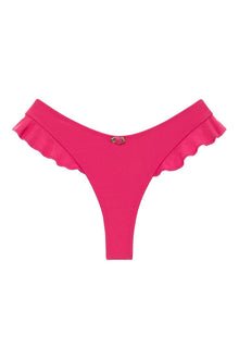 Raspberry pink bikini bottom with ruffled side details and metal clasp at center front.