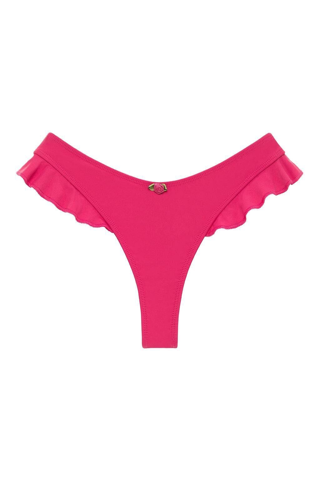 Raspberry pink bikini bottom with ruffled side details and metal clasp at center front.