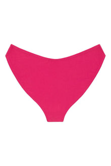 Raspberry pink bikini bottom with zig-zag stitching along edges and high-coverage cut.