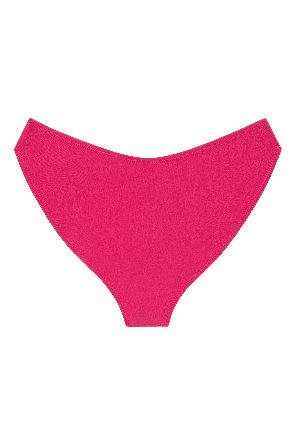 Raspberry pink bikini bottom with zig-zag stitching along edges and high-coverage cut.