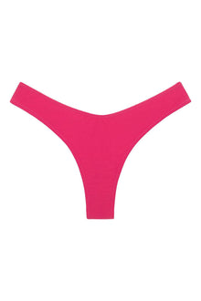 Raspberry pink thong bikini bottom with zig-zag stitched seams along the sides and center.