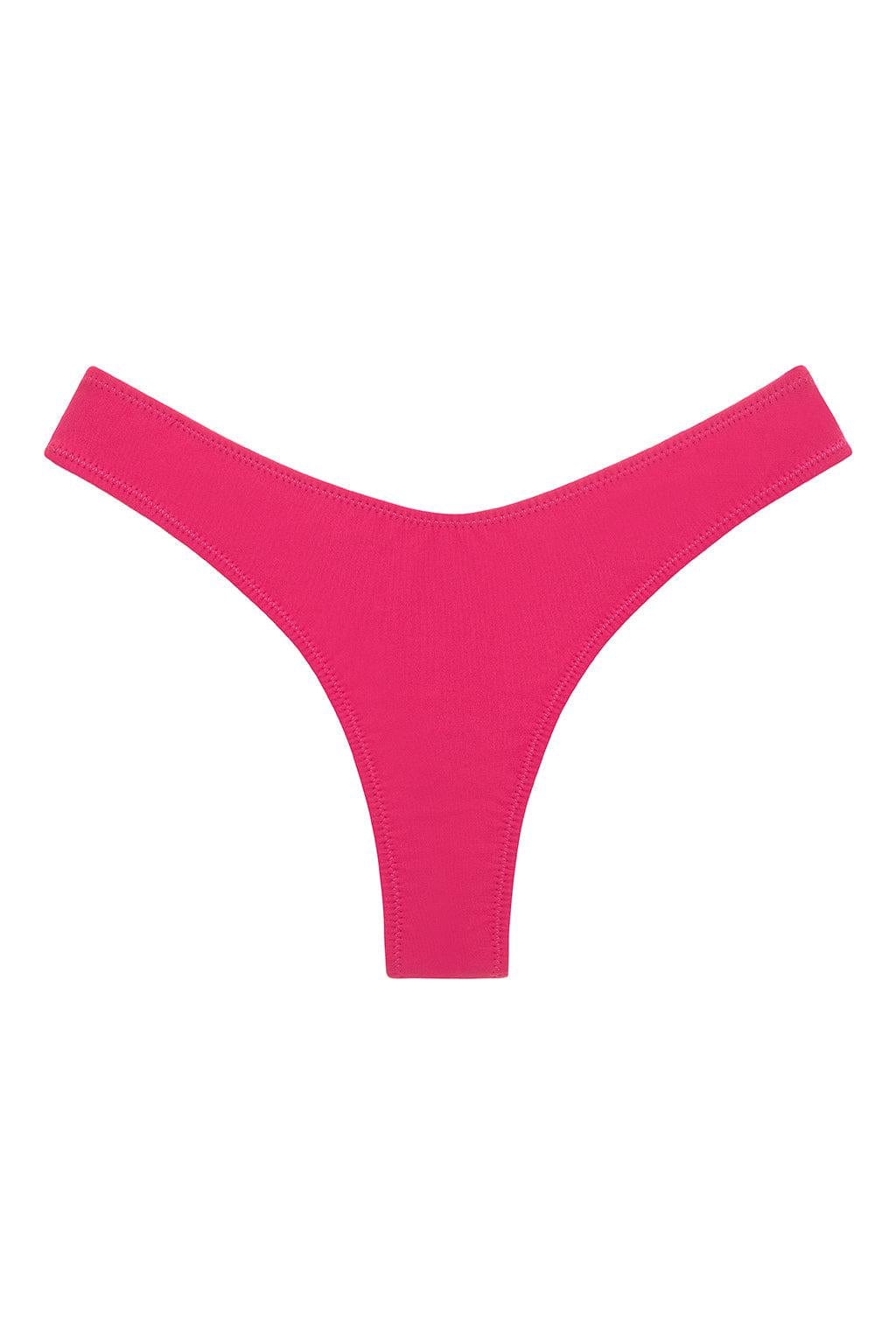 Raspberry pink thong bikini bottom with zig-zag stitched seams along the sides and center.