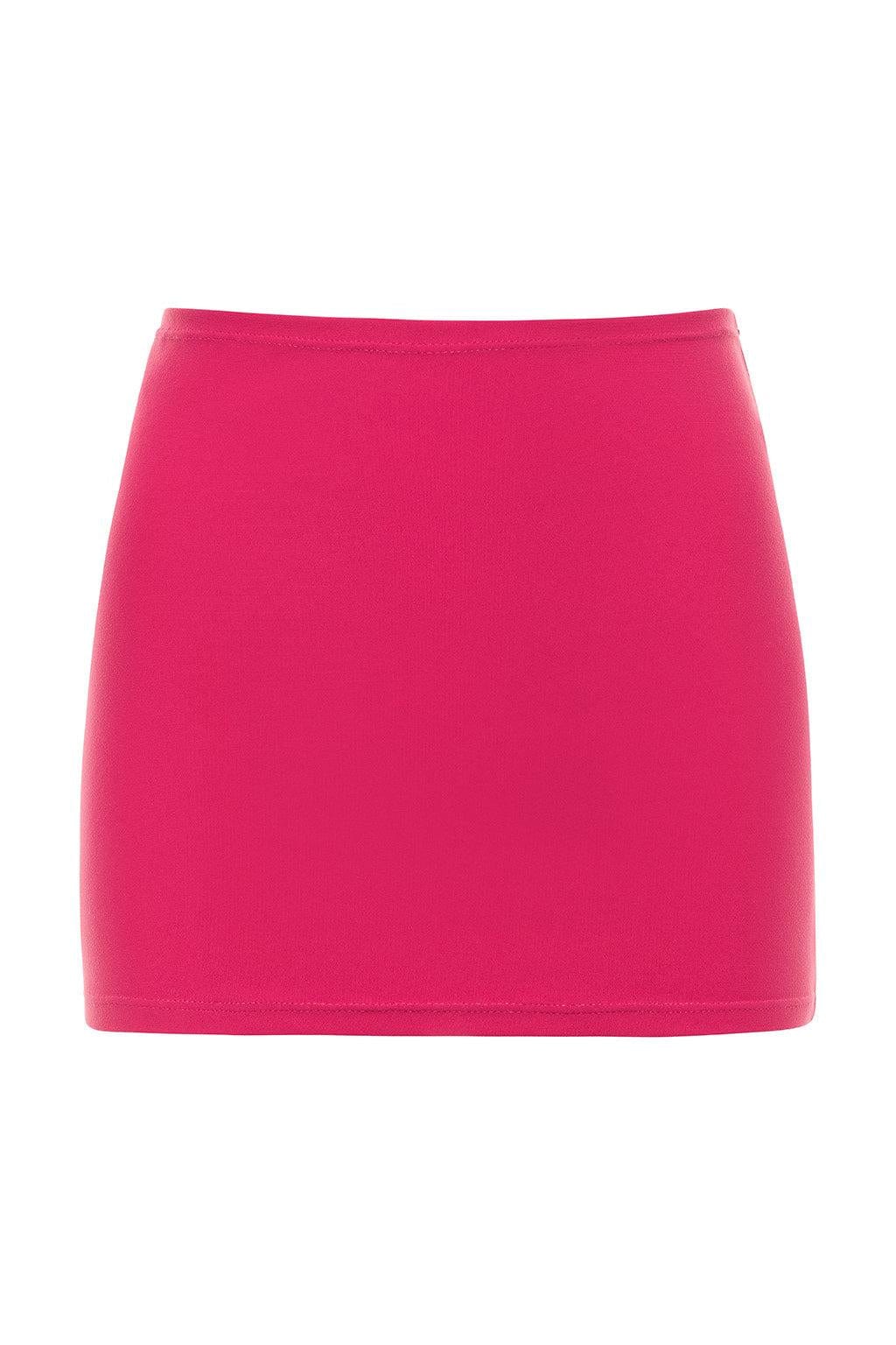 Bright pink mini skirt with a fitted silhouette and straight hemline.