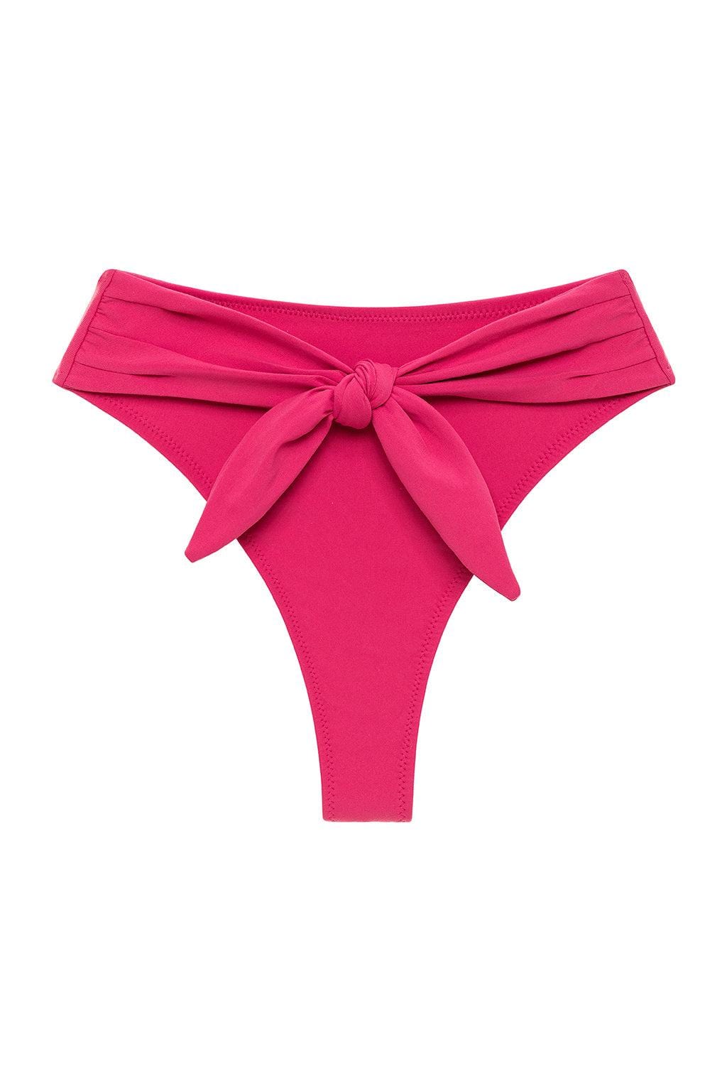 Raspberry pink bikini bottom with ruched tie-up waistband and high-cut thong design.
