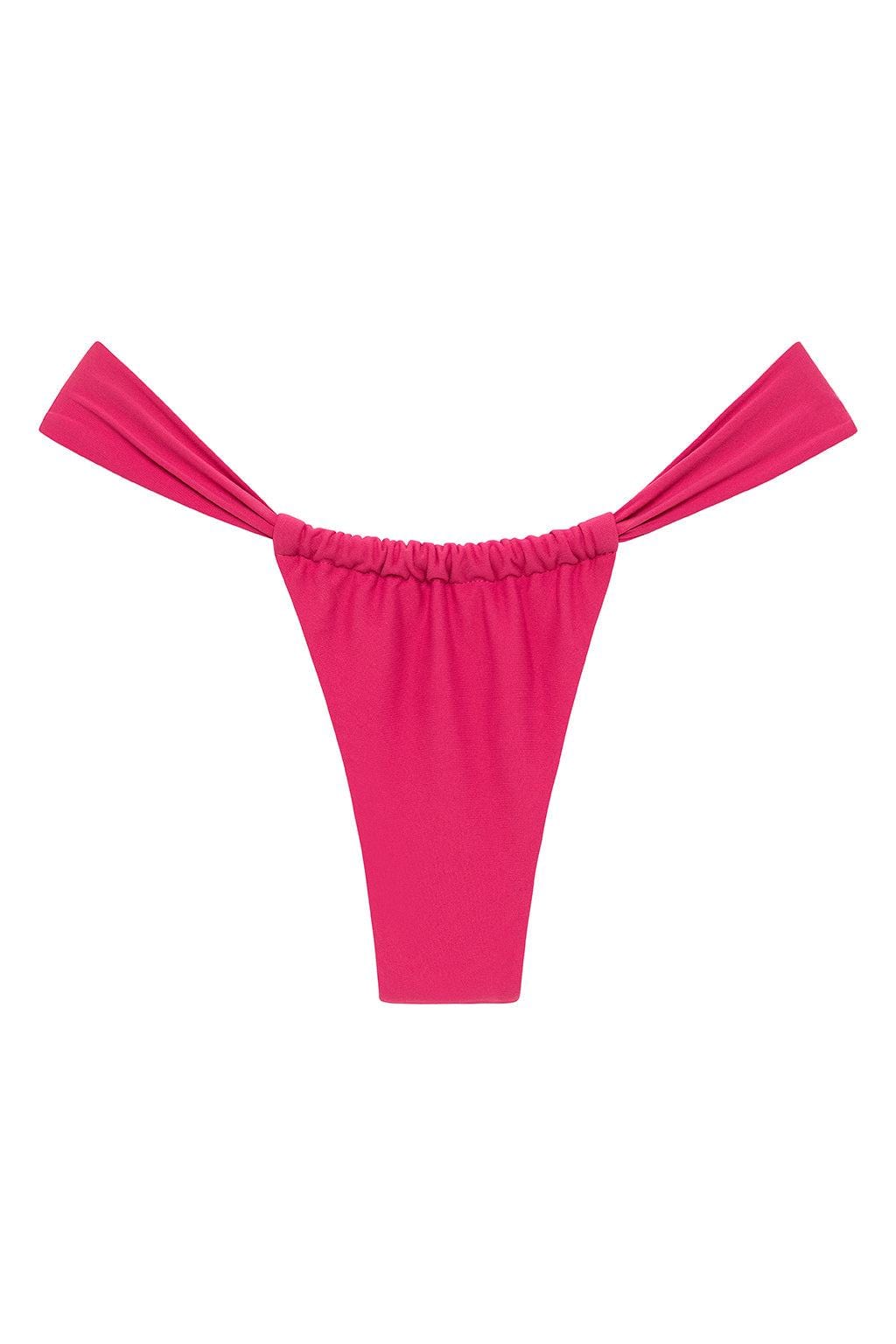 Raspberry pink bikini bottom with ruched waistband and tie-side straps.
