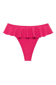 Hot pink bikini bottom with ruffled waistband and thong cut.
