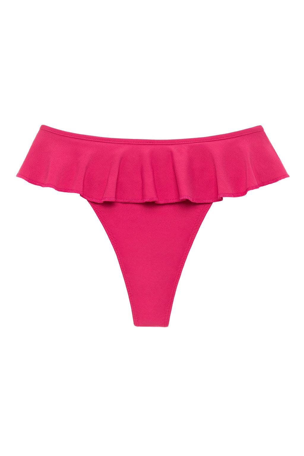 Hot pink bikini bottom with ruffled waistband and thong cut.