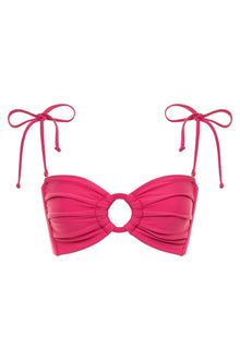 Raspberry pink bandeau bikini top with center cutout and tie shoulder straps with bow closures.