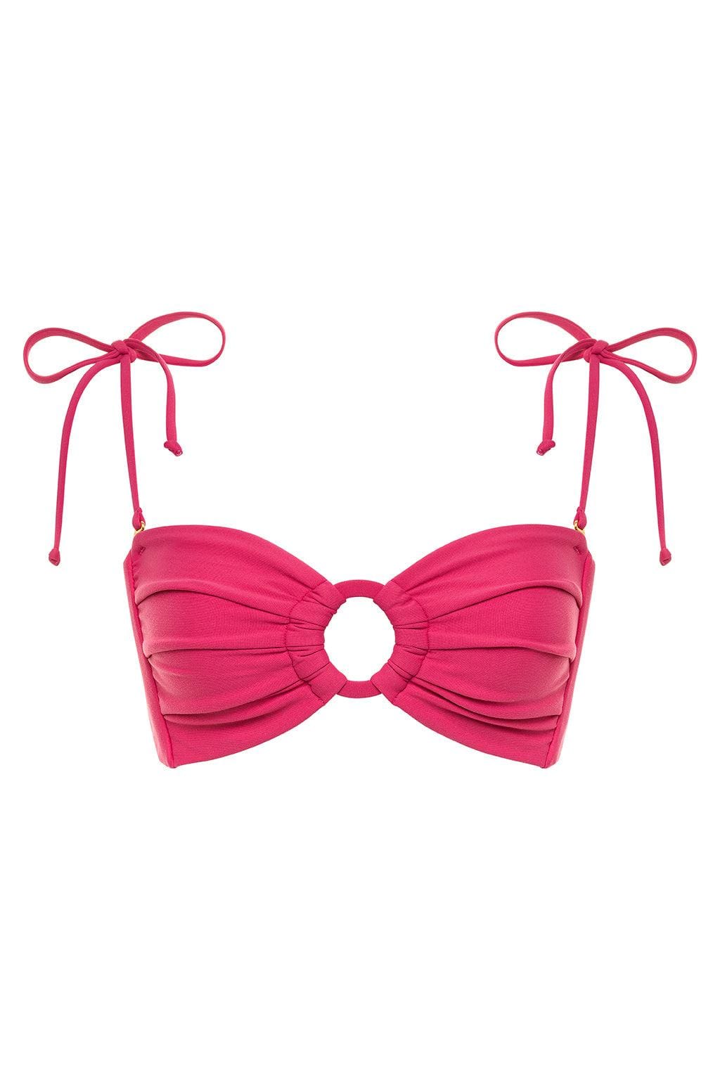 Raspberry pink bandeau bikini top with center cutout and tie shoulder straps with bow closures.