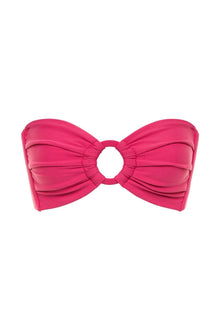 Raspberry pink bandeau bikini top with gathered fabric panels and center ring cutout detail.