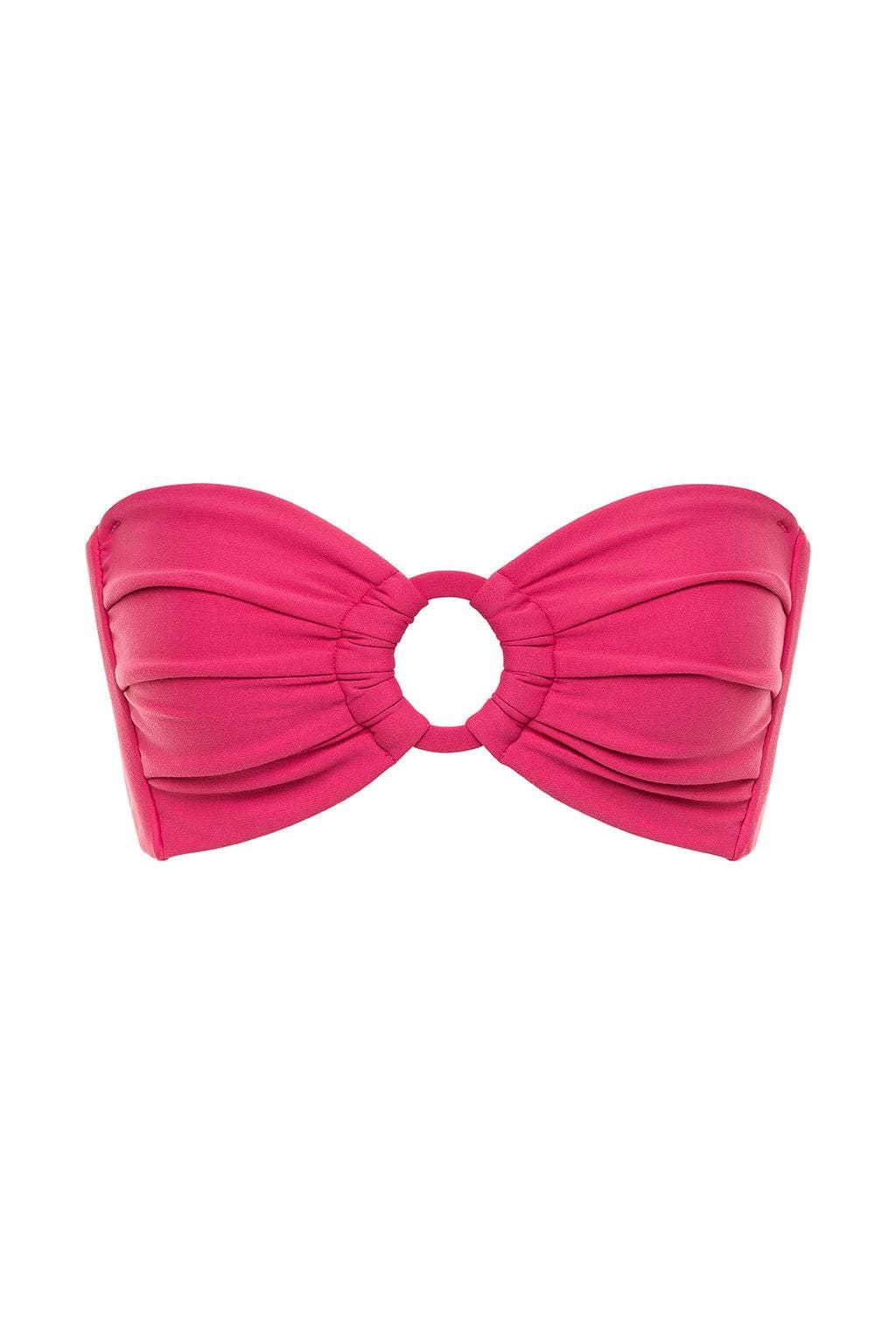 Raspberry pink bandeau bikini top with gathered fabric panels and center ring cutout detail.