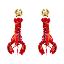 Red Beaded Lobster Drop Earrings on Flat White Background
