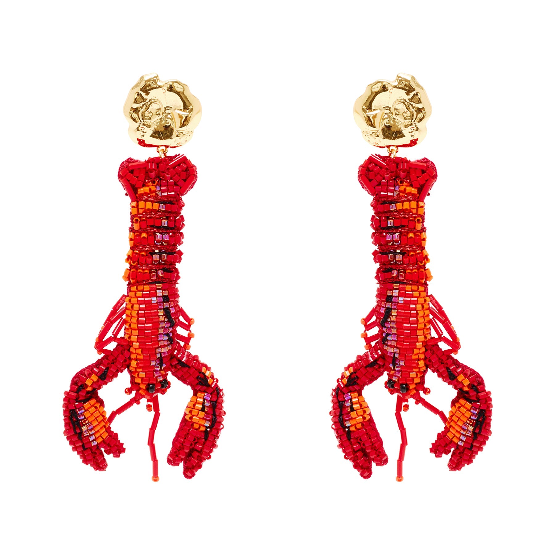 Red Beaded Lobster Drop Earrings on Flat White Background