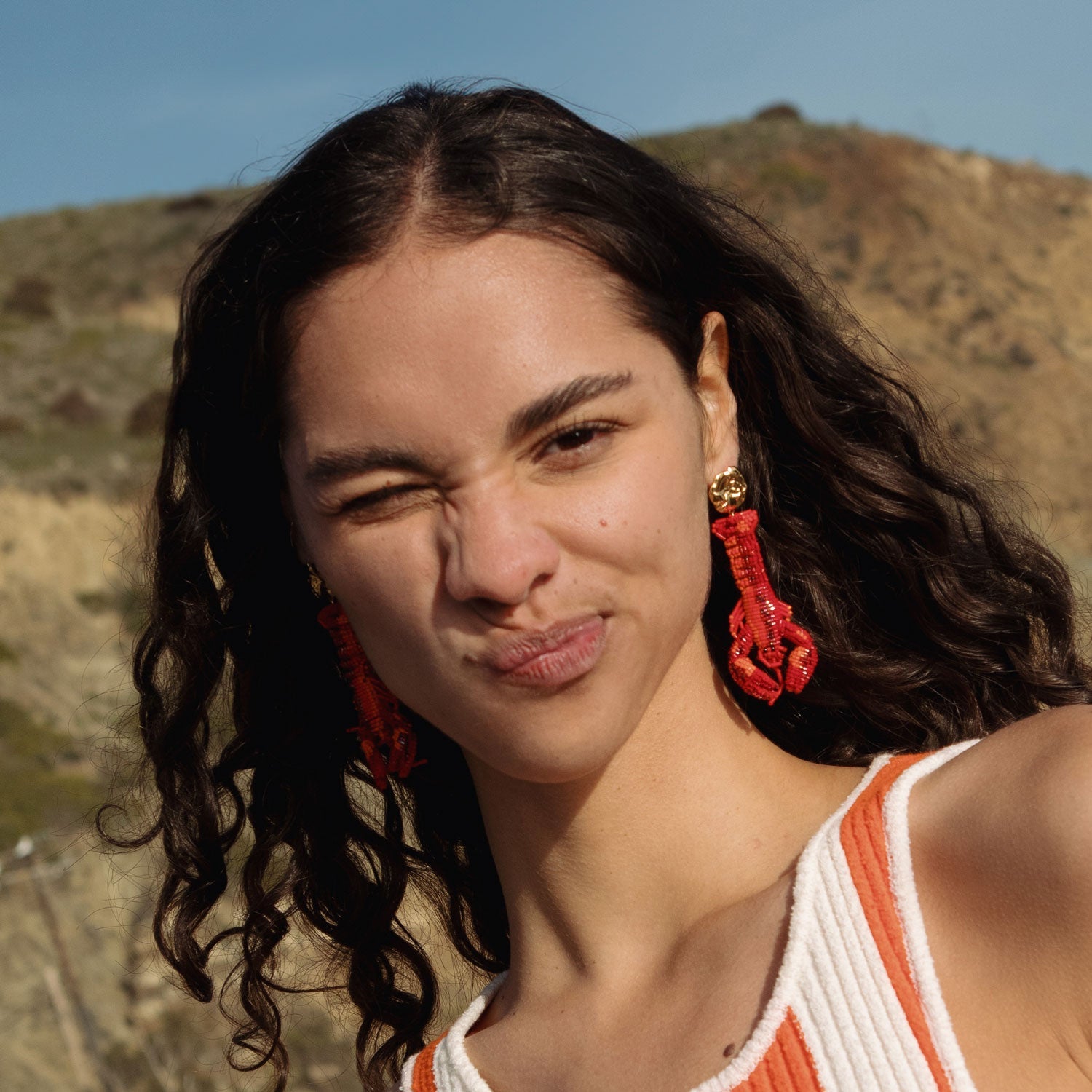 Red Beaded Lobster Drop Earrings Styled on Model