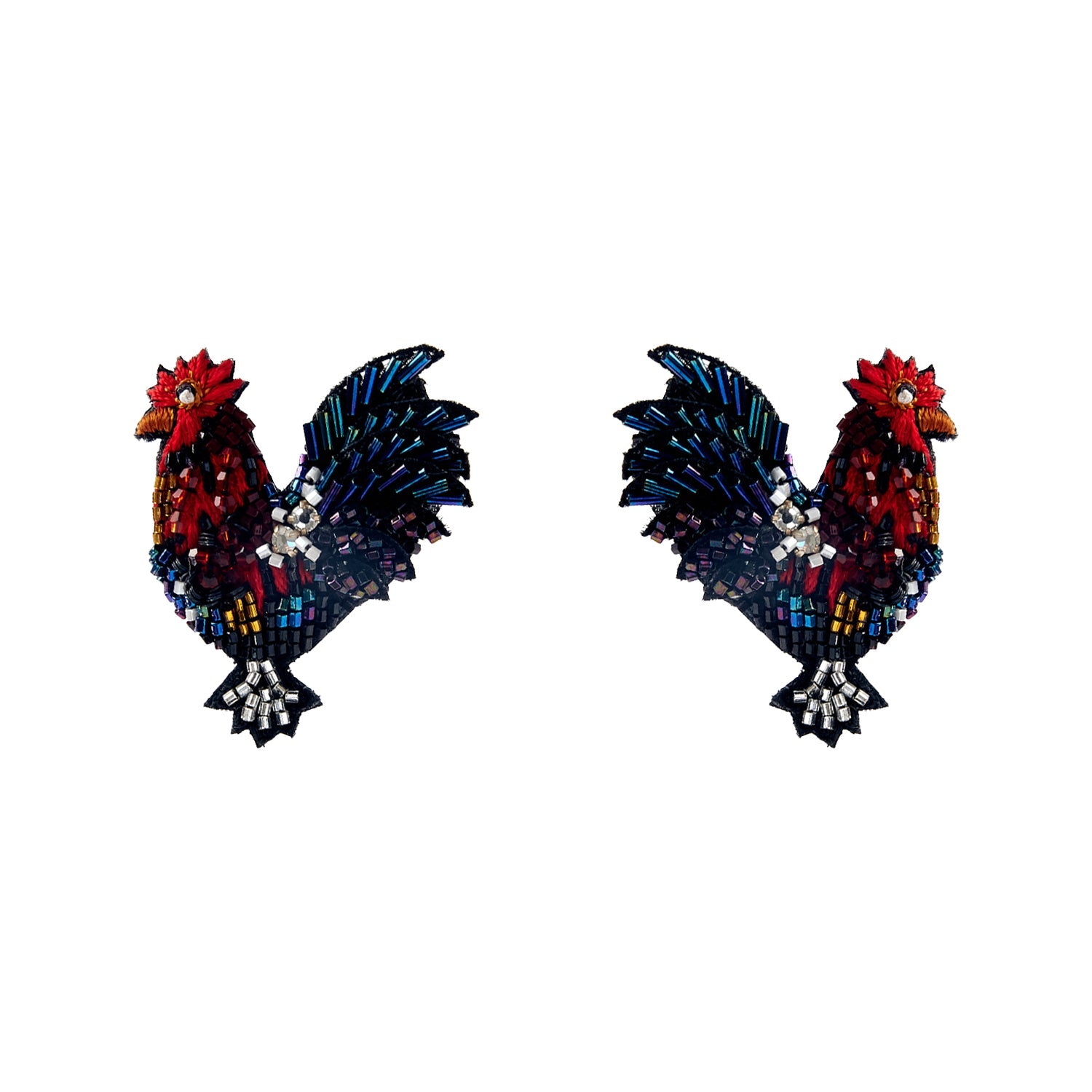 Red and Blue Multi Beaded Gamecock Stud Earrings on Flat White Background