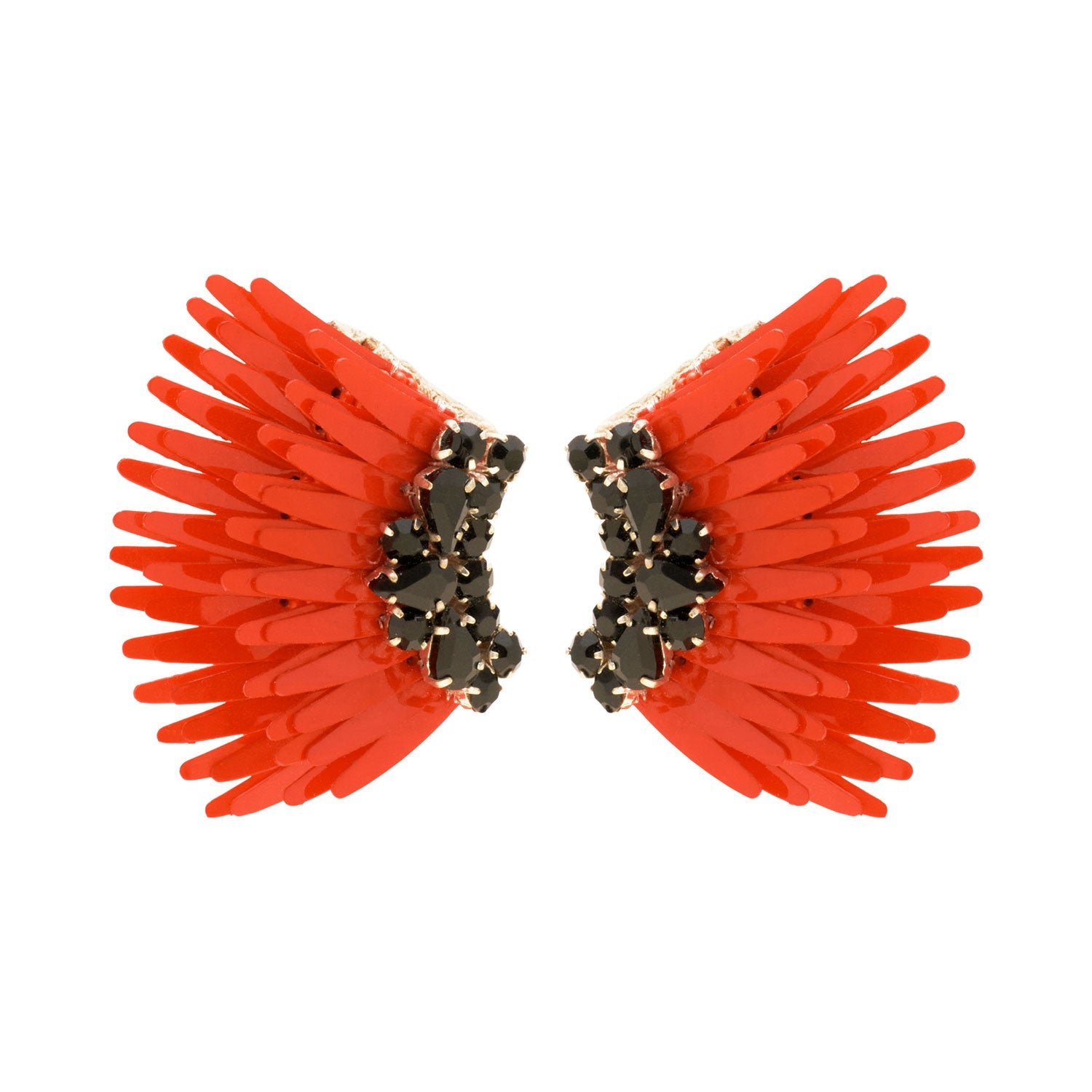 Red Sequin Wing Stud Earrings with Black Crystals on Flat White Background