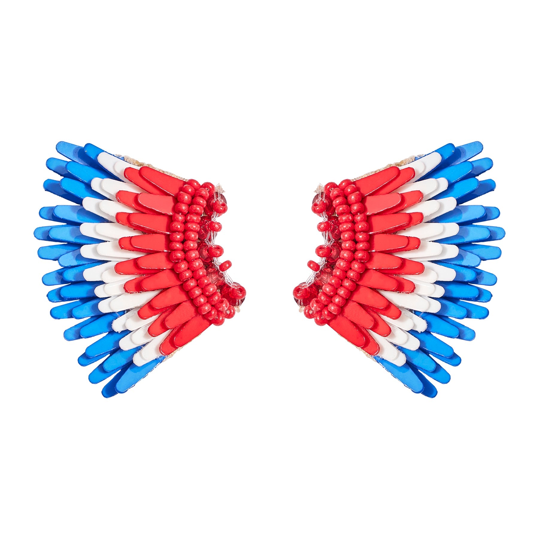 Red, White, and Blue Sequin and Bead Wing Stud Earrings on White Background